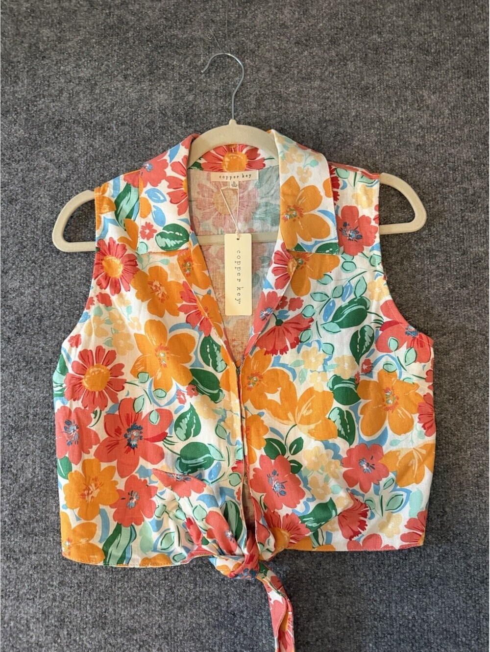 Copper Key Cropped-Tied Floral Collard Tank Top S